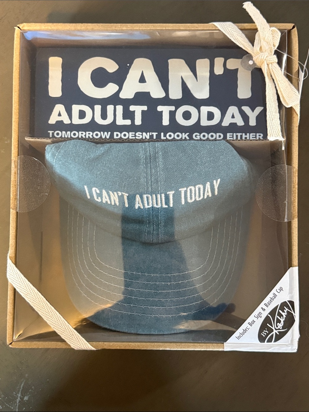 By Kathy I Can’t Adult Today Box Sign and Baseball Hat Gift Set NWT